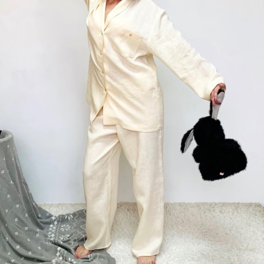 100% LINEN PAJAMA SET Hand Made in Lithuania - Blue Pinstripes - S/M